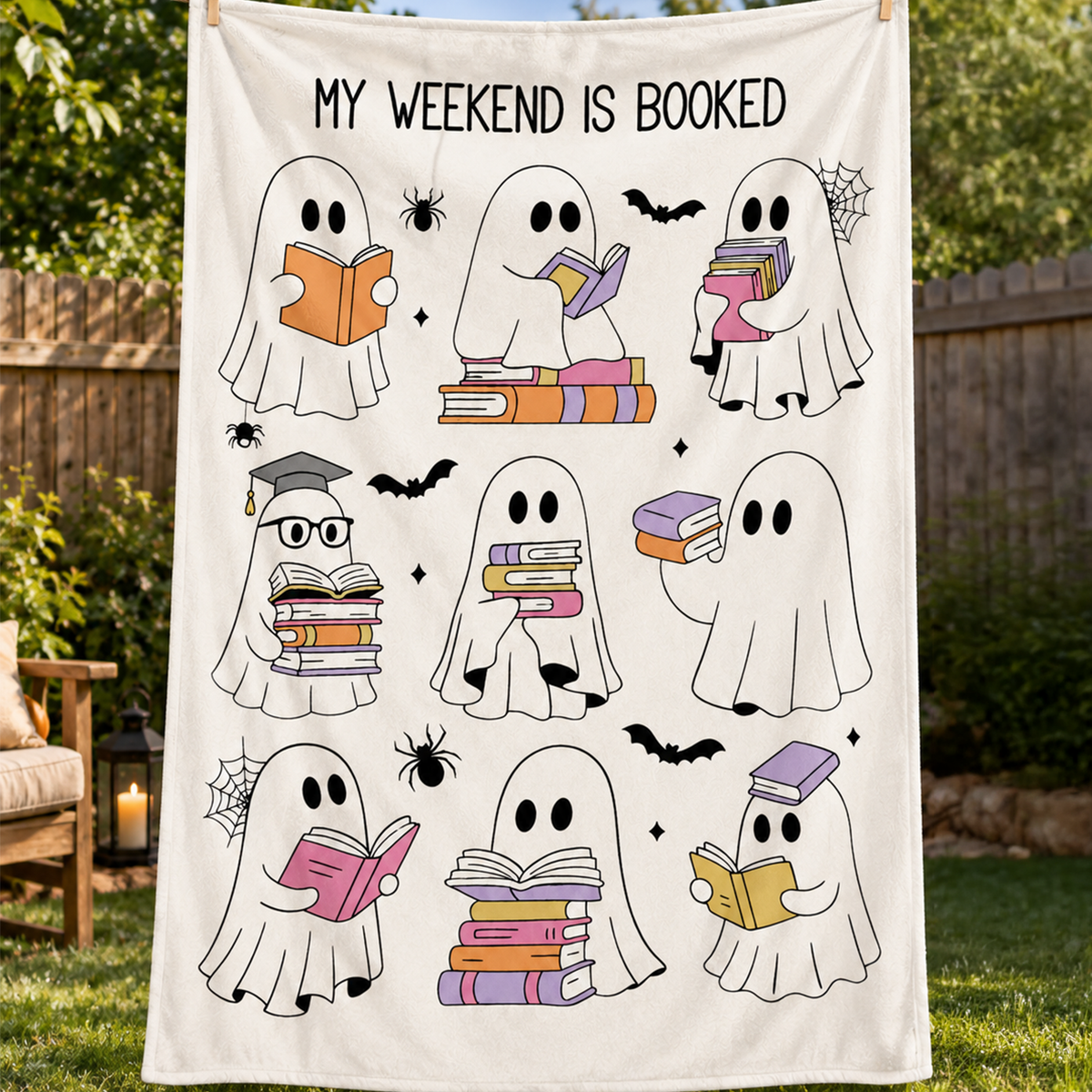 Cute Ghost Reading Halloween Throw Blanket for Book Lovers and Fall Decor