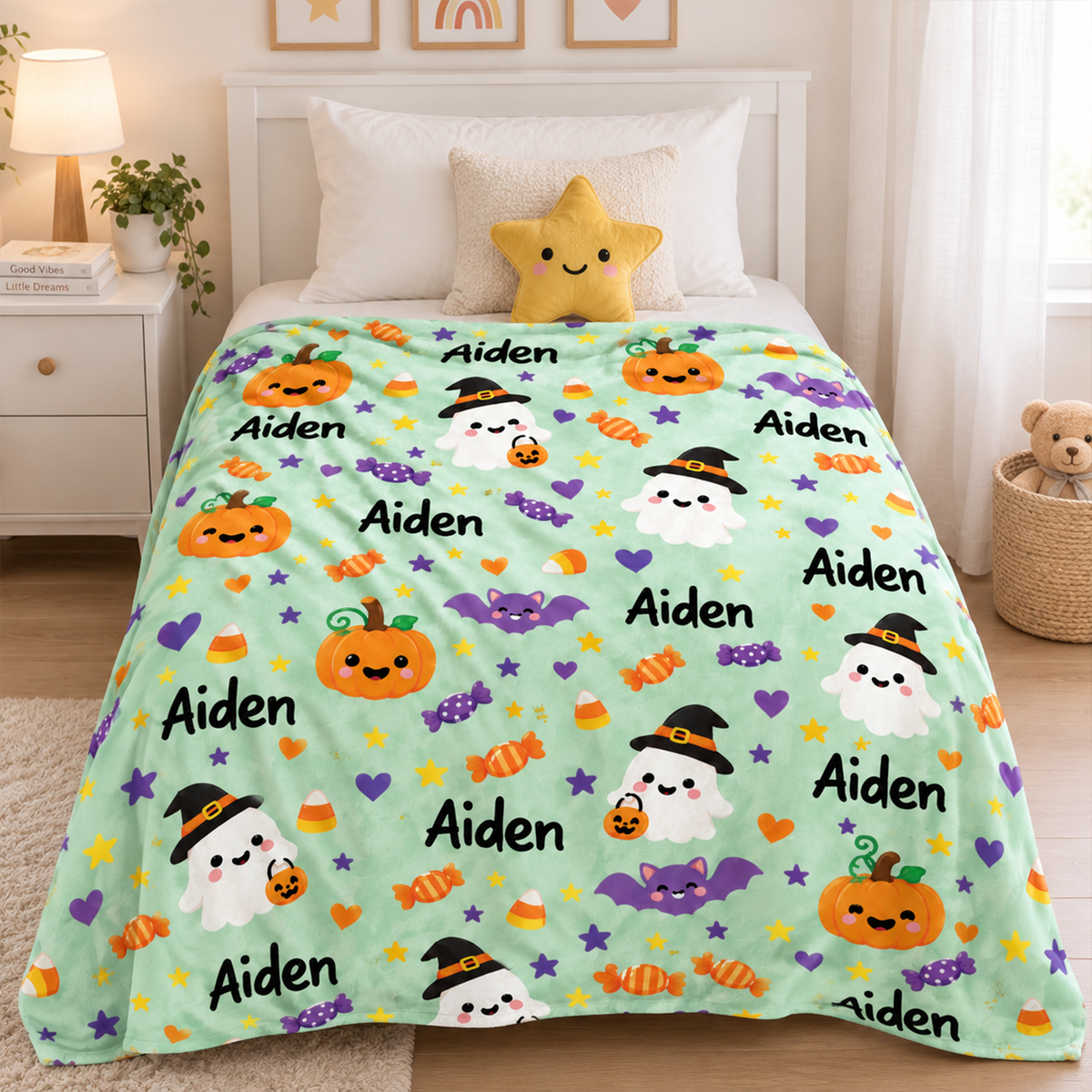 Close-up of custom name on personalized cute Halloween polyester fleece throw blanket