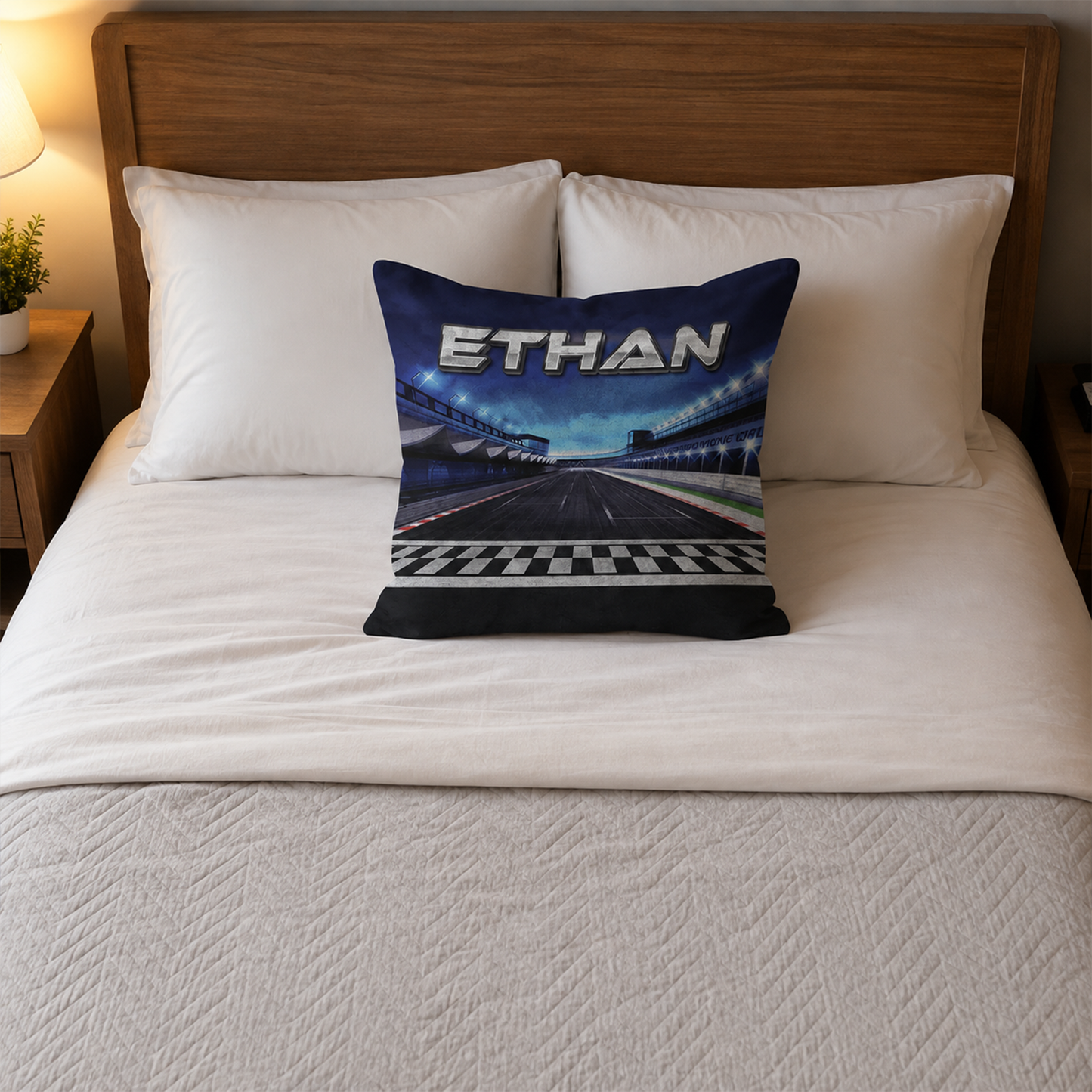 Personalized racetrack throw pillow as birthday gift for racing fans and car lovers