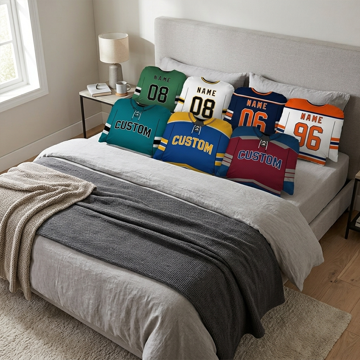 Hockey jersey personalized throw pillows in all 20 color options for custom team gift