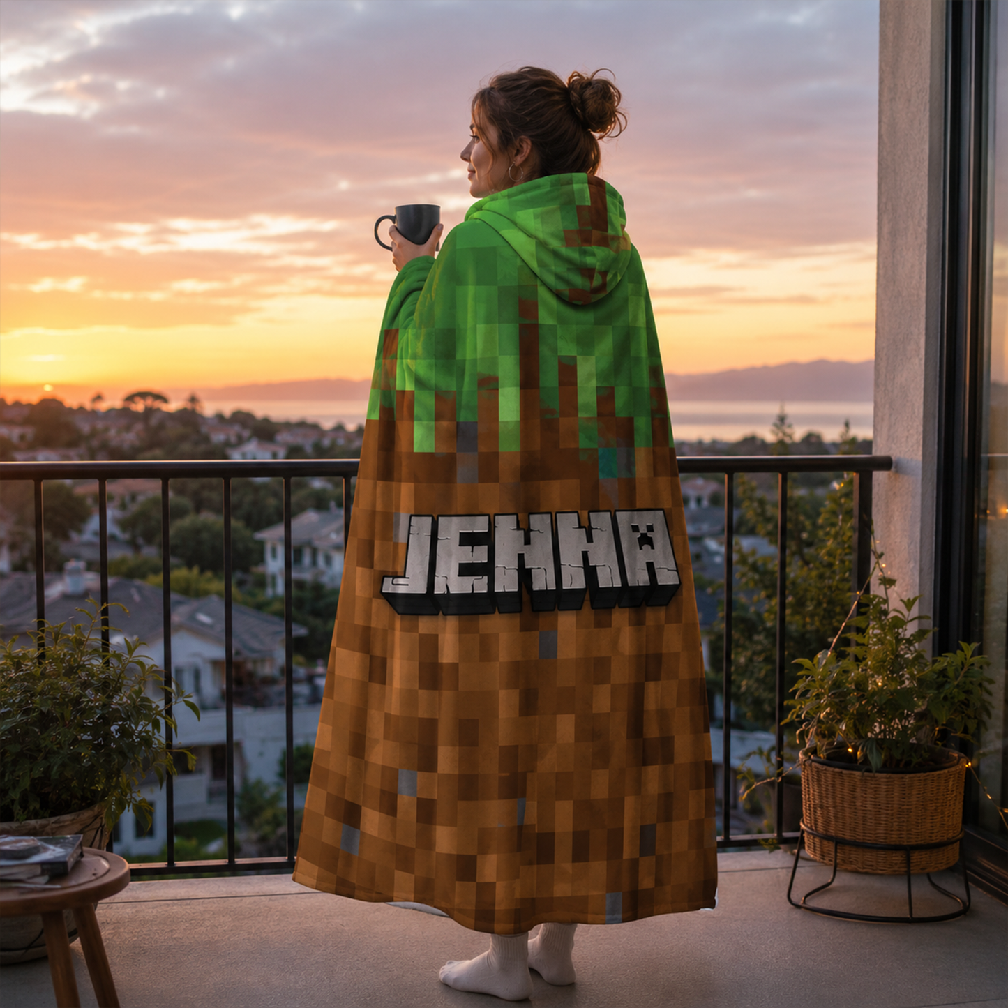 Pixelcraft personalized hooded blanket showing full 47 by 78 inch Minky fleece size