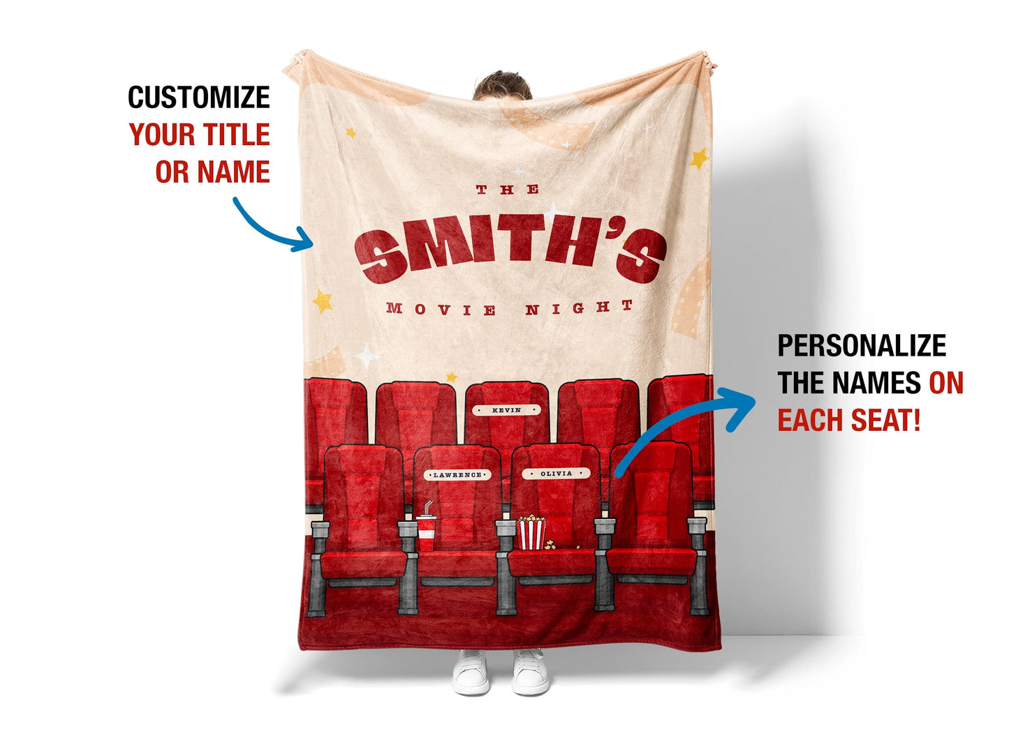 A person holding A cozy throw blanket featuring a playful movie night theme, adorned with images of popcorn, film reels, and a remote control,