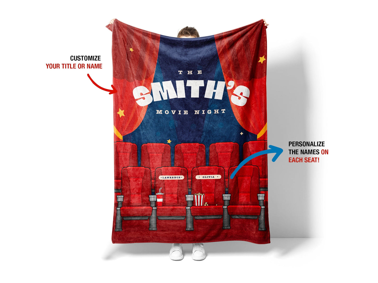 A person holding A cozy throw blanket featuring a playful movie night theme, adorned with images of popcorn, film reels, and a remote control,