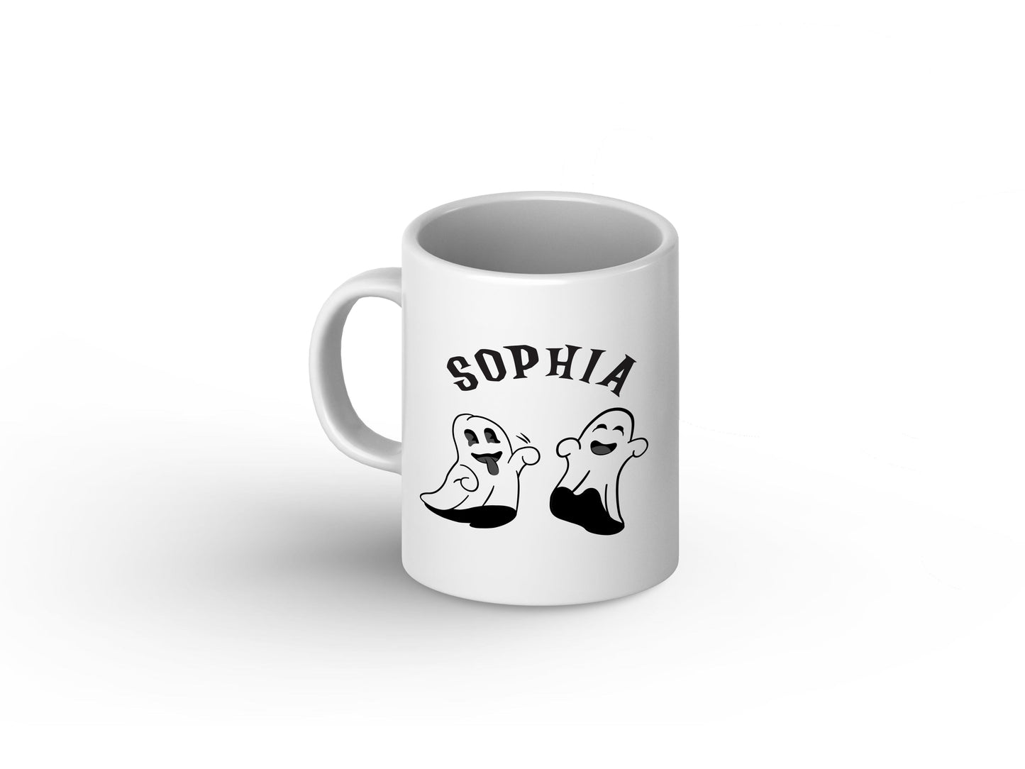 A white 16 oz white ceramic mug, with retro halloween 2 ghosts print with a customized name on it