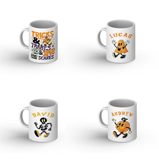 A ceramic Halloween mug from Sam and Zoey, adorned with playful and spooky seasonal designs like ghosts, pumpkins, and bats, ideal for adding a touch of festive spirit to your home or office desk during the Halloween season