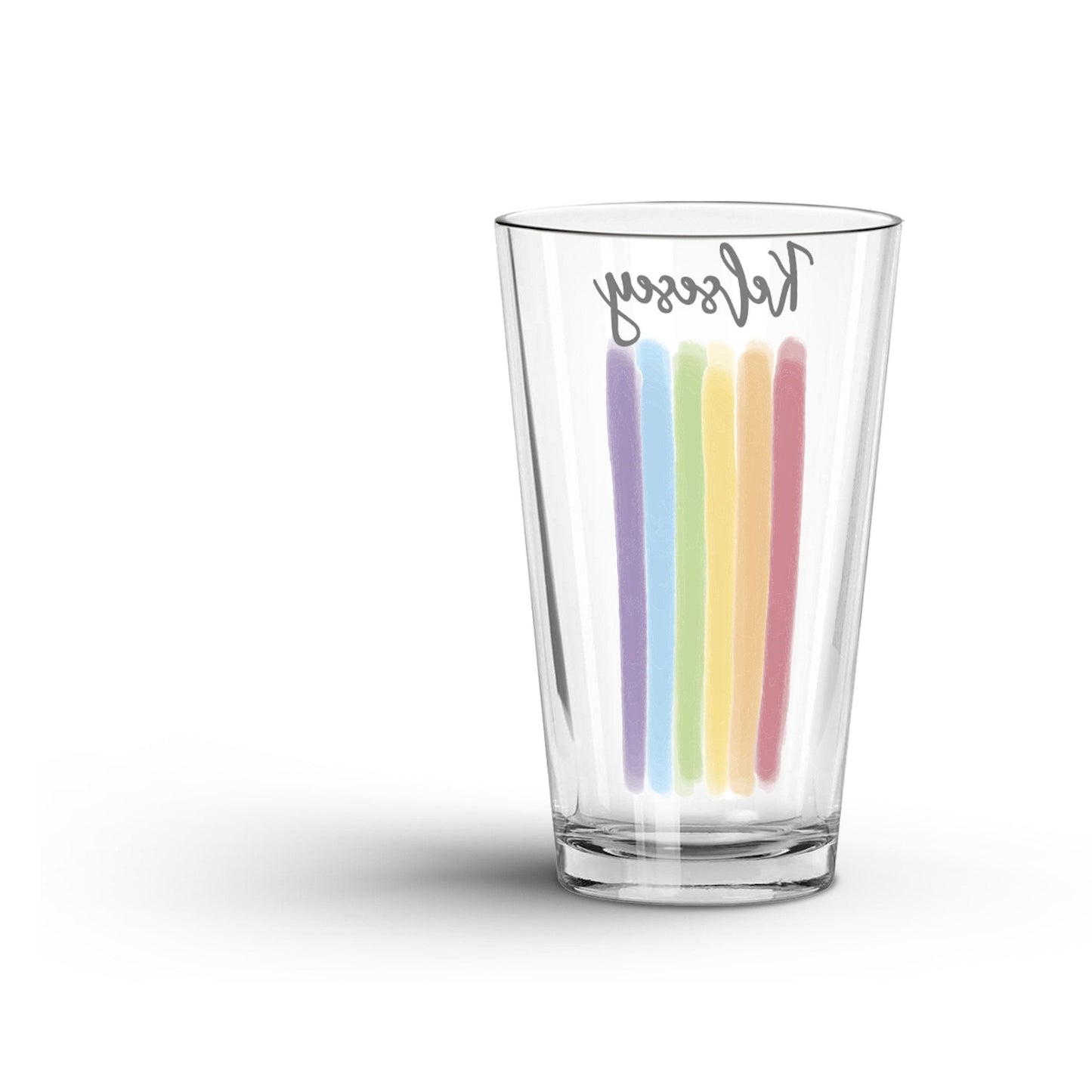 Backside of a Personalized Watercolor Stripe LGBTQ Pride Glass Tumbler Glass