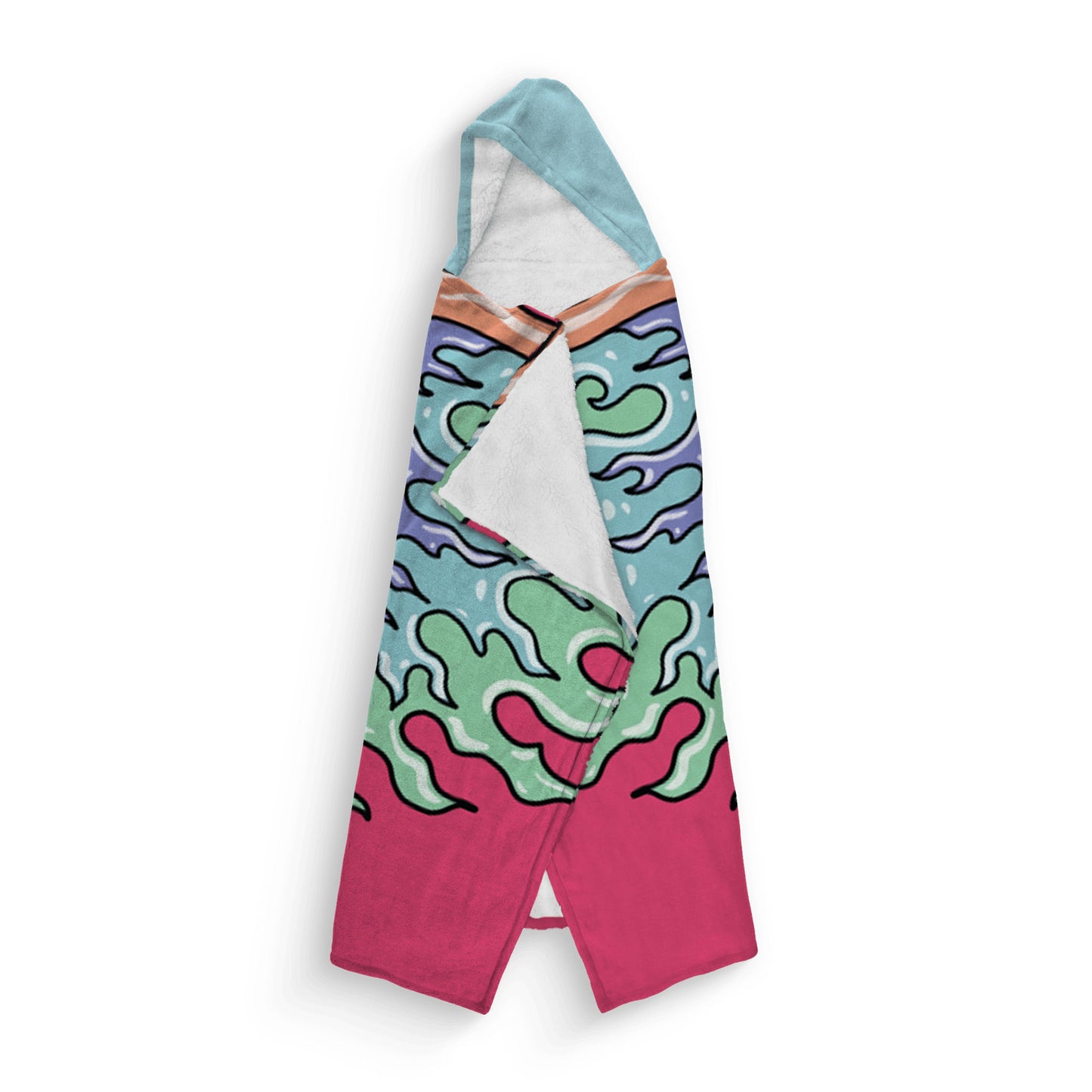 A folded hooded blanket featuring colorful wing designs on a pink background. The interior lining is white with a light blue hood.