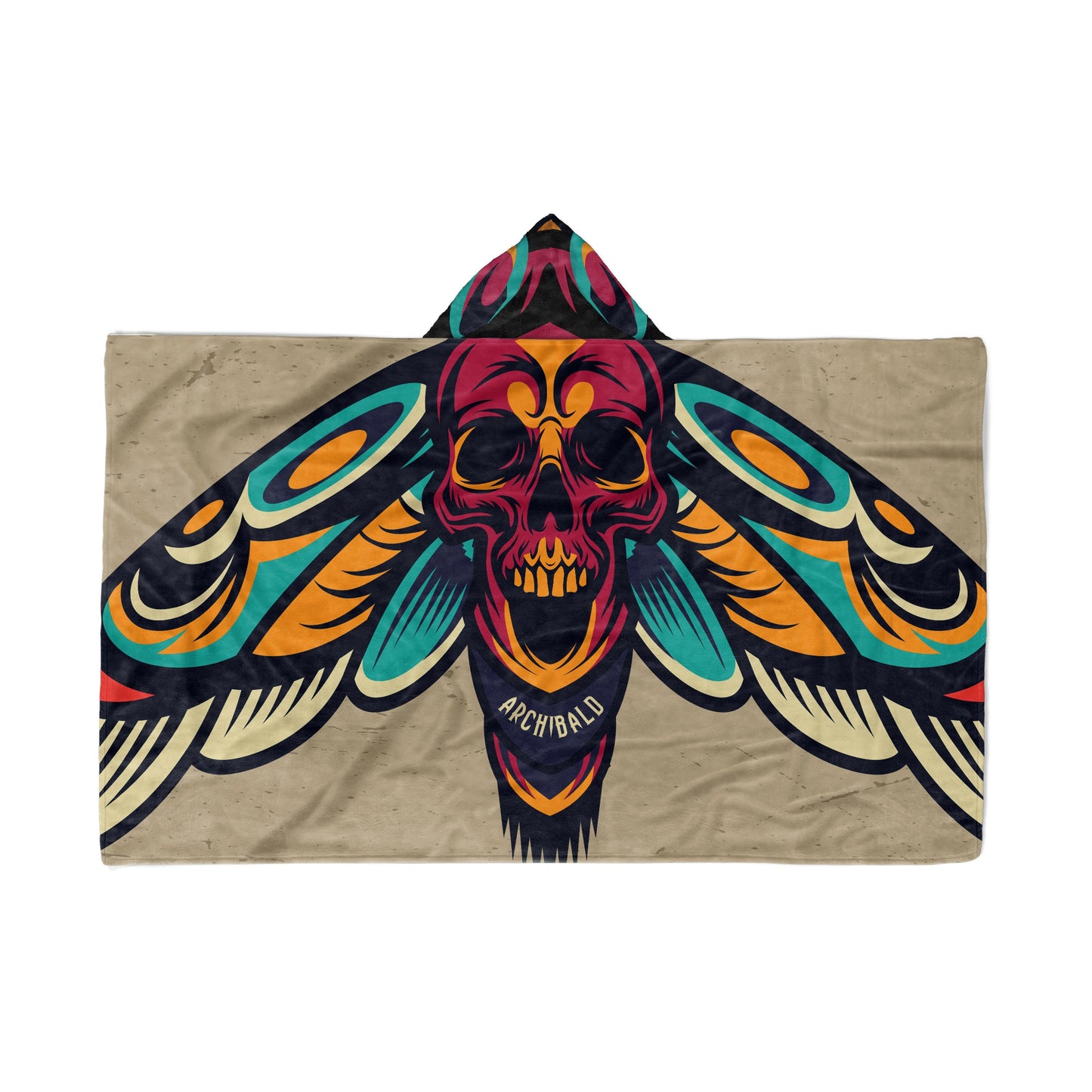 A hooded blanket with Moth wings & skull design and the name "Archibald" in the center, displayed flat on a White background.