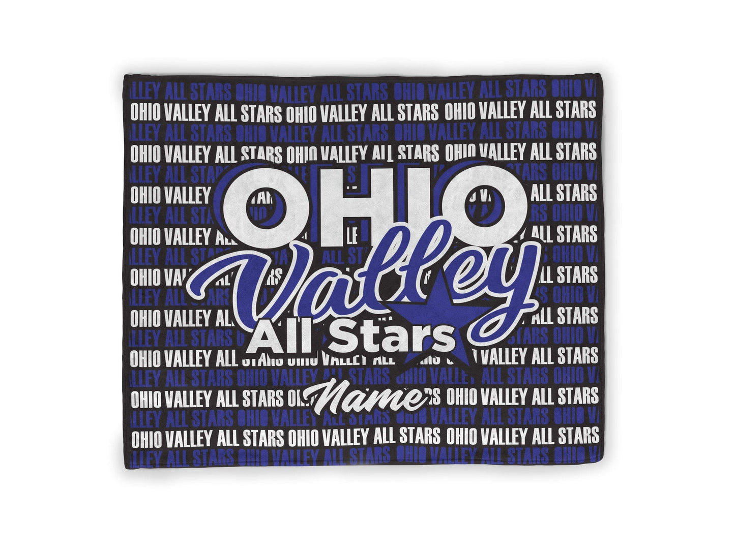 Ohio Valley All Stars throw blanket with bold blue and white logo, repeating text pattern, and customizable name space.