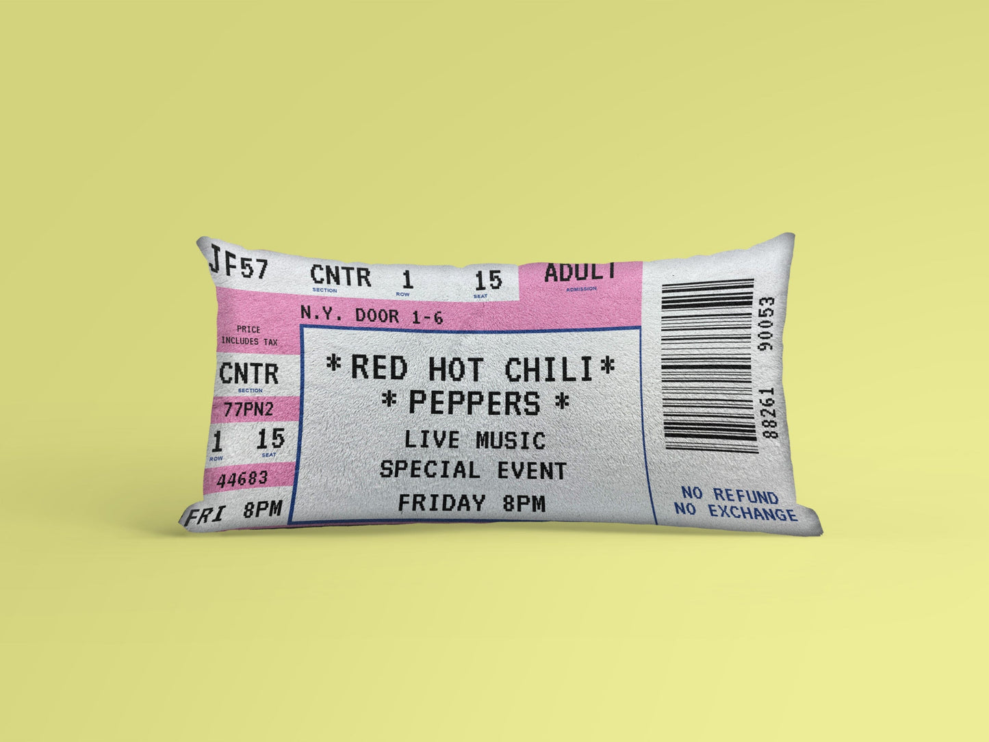 A pink Personalized Event Ticket Pillow made from cotton, Red Hot Chili Peppers event ticket printed on it