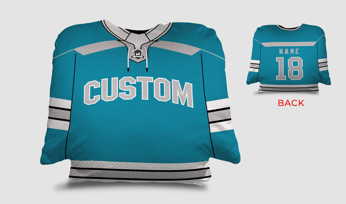 Front and backside of a Personalized Hockey Jersey Pillow in Aqua-Grey-White color