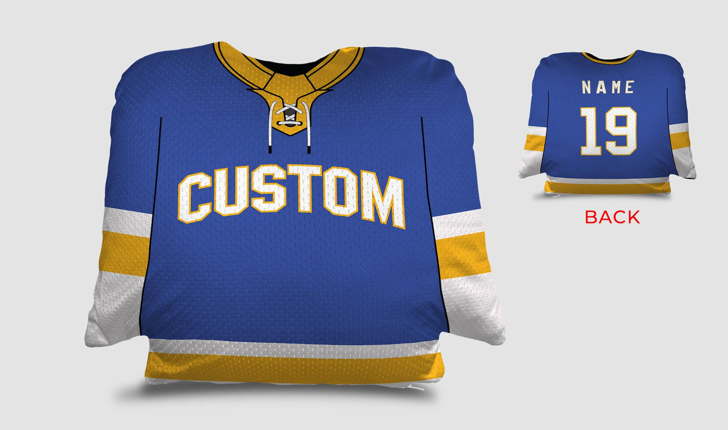 Front and backside of a Personalized Hockey Jersey Pillow in Royal-Gold-White color