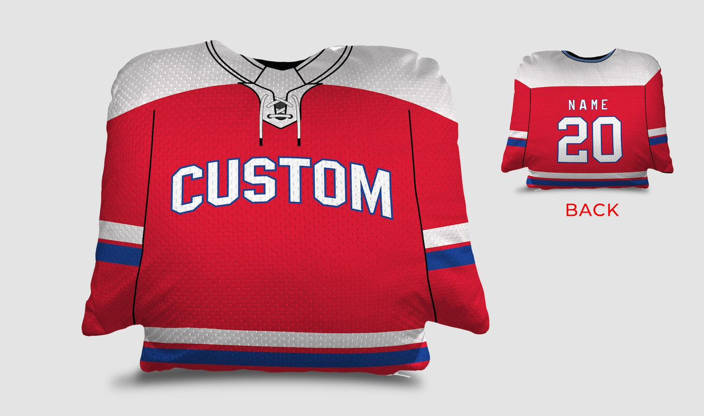 Front and backside of a Personalized Hockey Jersey Pillow in Red-White-Blue color
