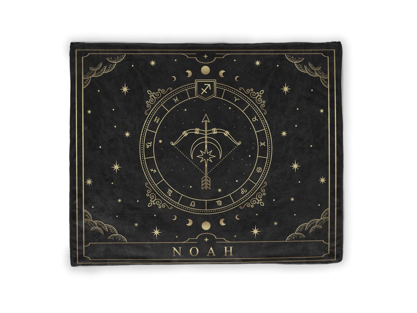 A black throw fleece blanket with sagittarius Zodiac sign and customized name with a white background