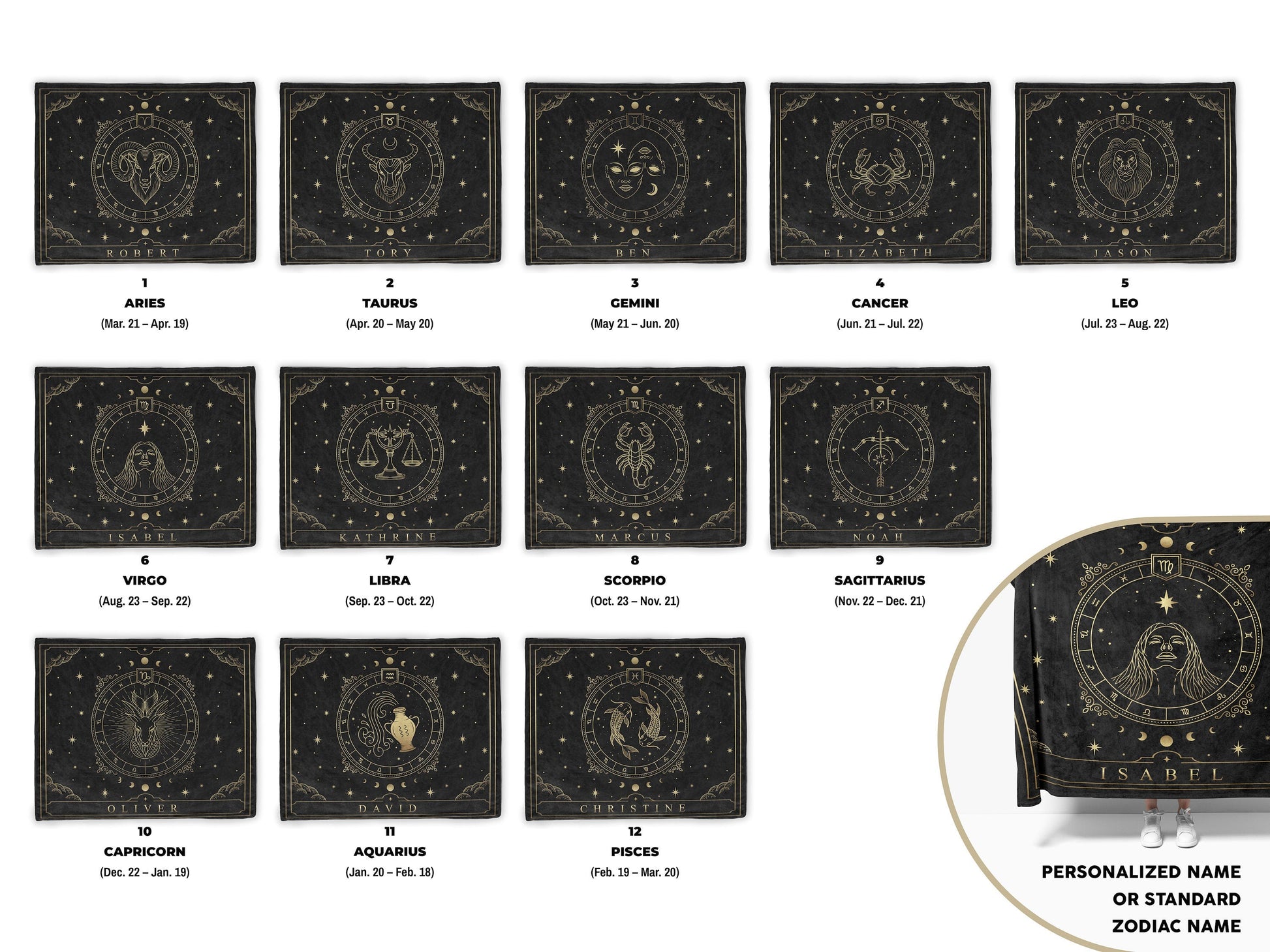 Showing 12 types of blankets with personalized name and zodiac signs