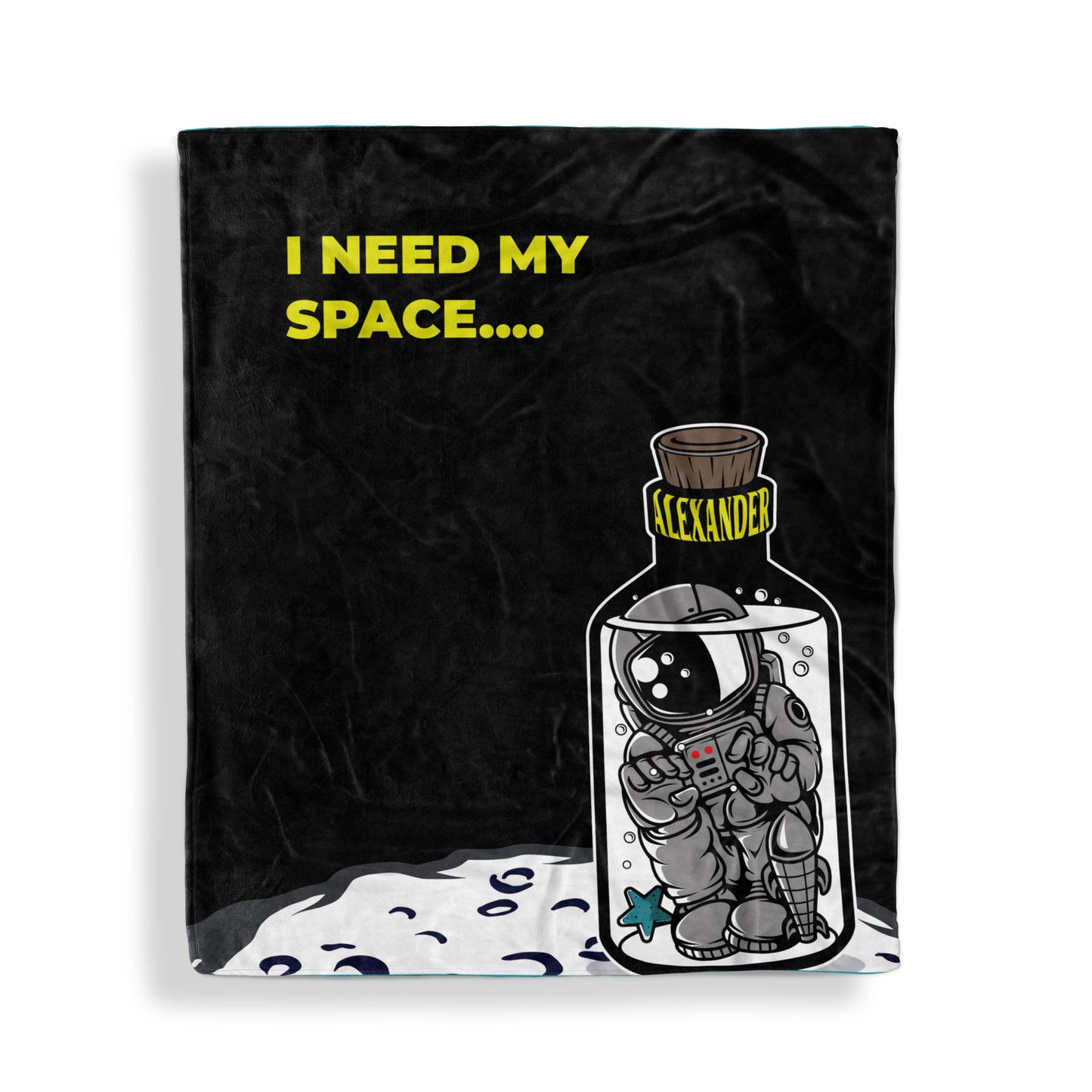 A throw blanket with I need my space design and customized name Alexander displayed flat on white surface
