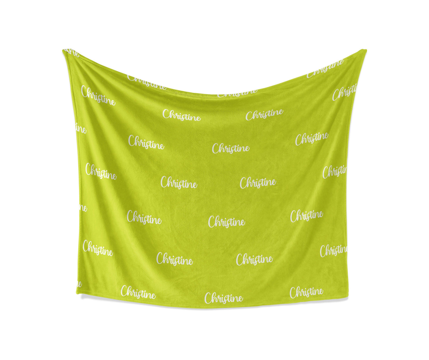 A mint green fleece blanket with personalized name in a white background