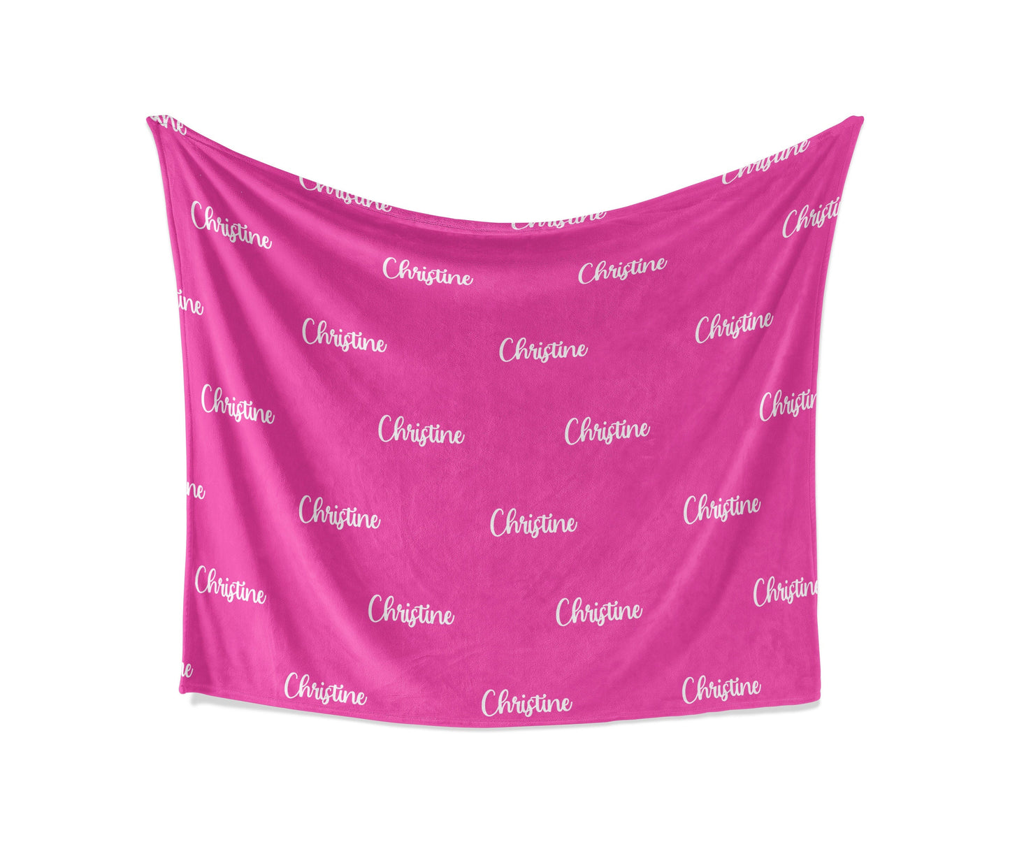 A pink fleece blanket with personalized name in a white background