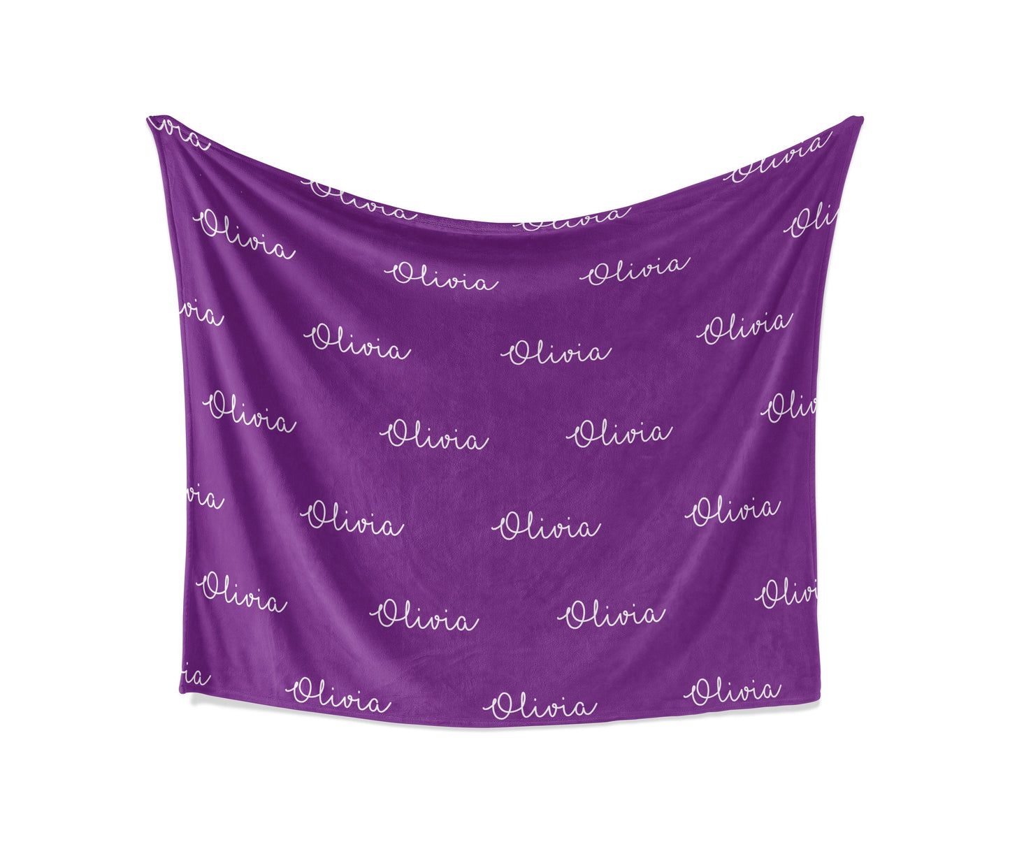 A purple fleece blanket with personalized name in a white background
