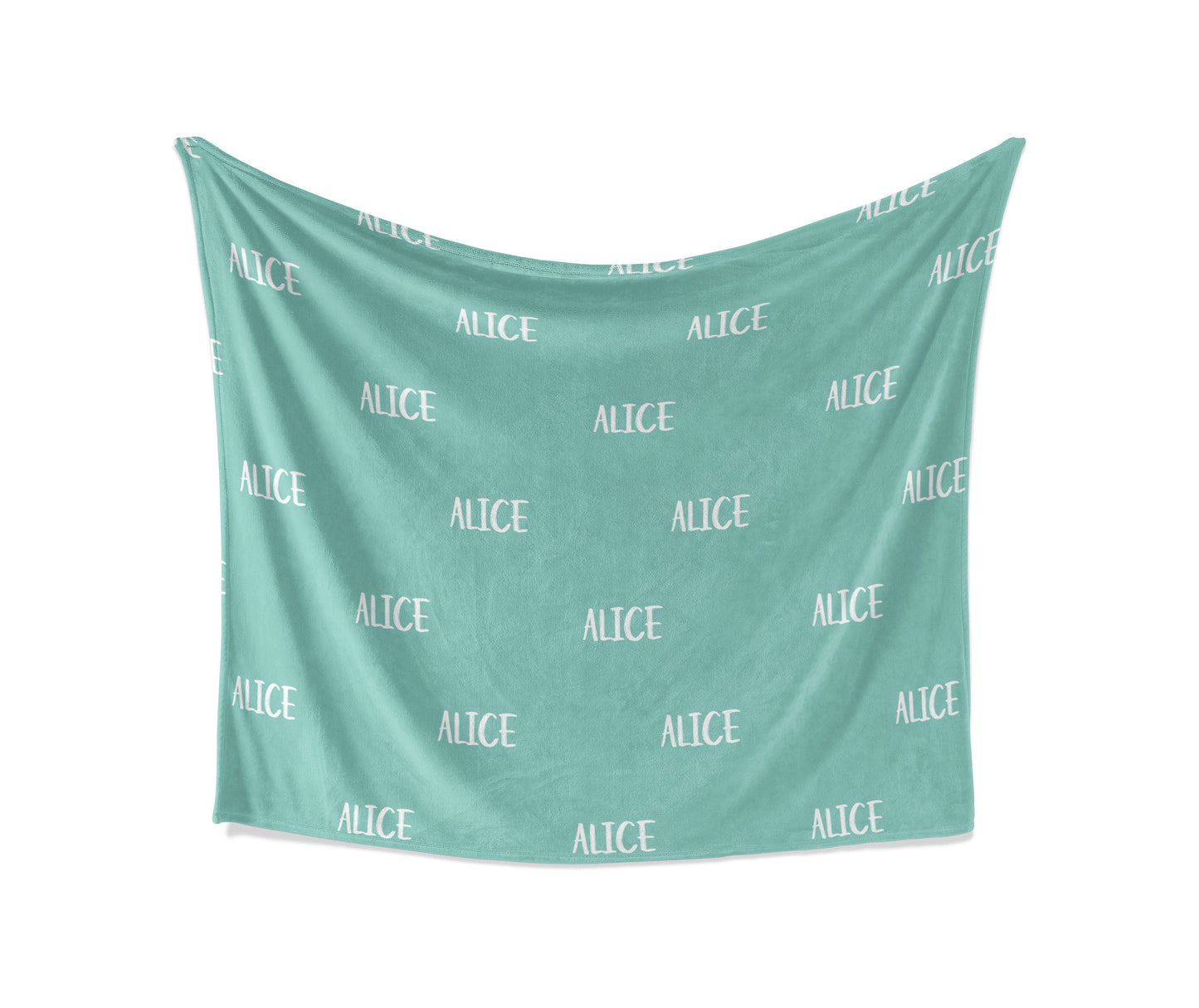 A green fleece blanket with personalized name in a white background