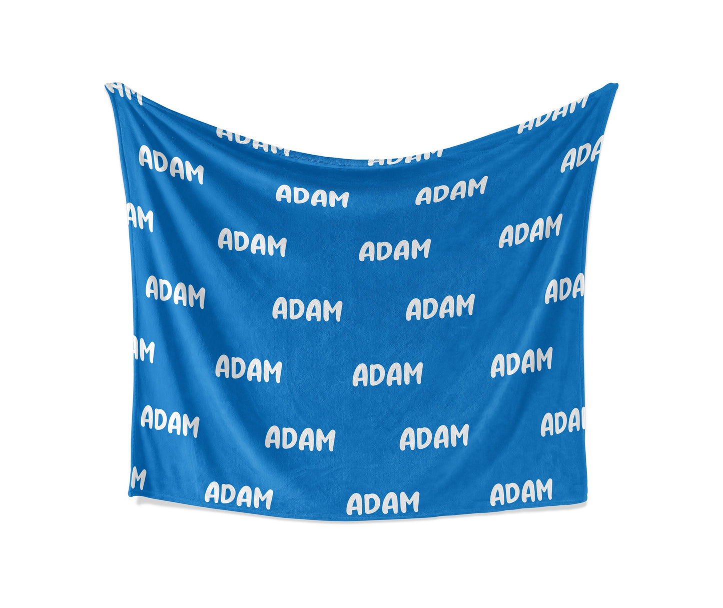 A blue fleece blanket with personalized name in a white background