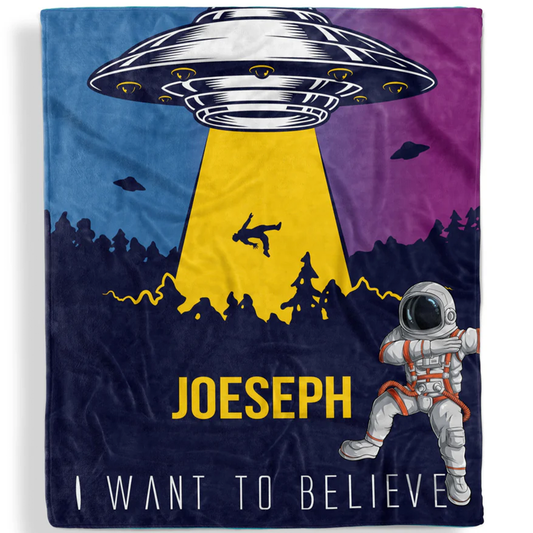 Alien invasion personalized throw blanket with custom name in fun sci-fi fleece design
