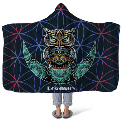 wandering owl personalized hooded fleece blanket with custom name in boho design
