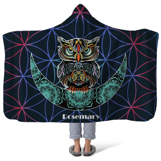 wandering owl personalized hooded fleece blanket with custom name in boho design
