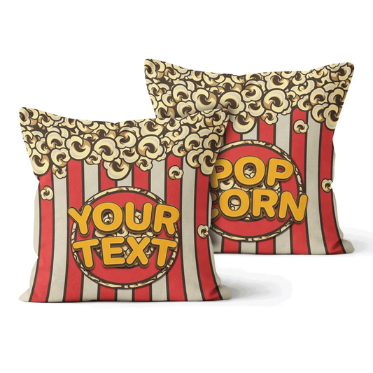 Popcorn personalized throw pillow with custom name in retro movie night design
