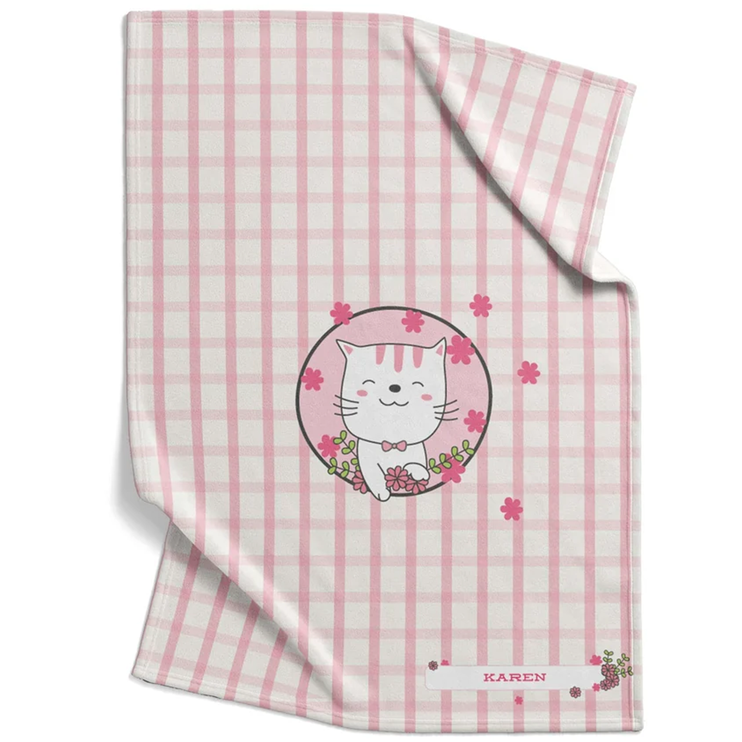 Pink bowtie kitten baby blanket personalized with custom name in sweet pink fleece
