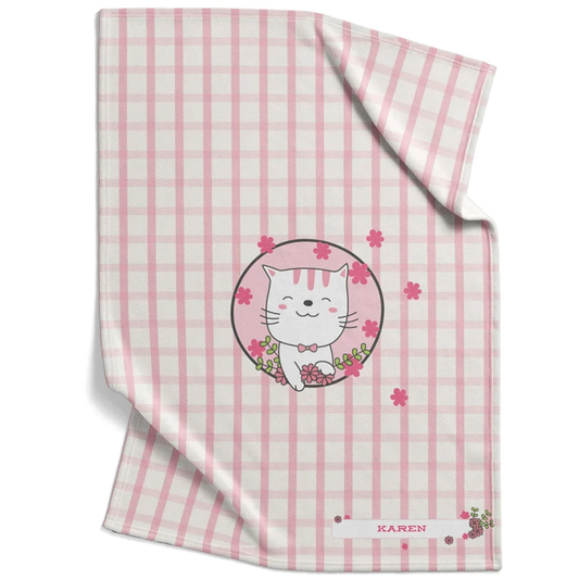 Pink bowtie kitten baby blanket personalized with custom name in sweet pink fleece
