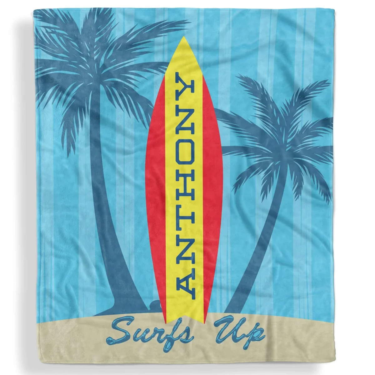 Surfs up kids throw blanket personalized with custom name in fun surf fleece design
