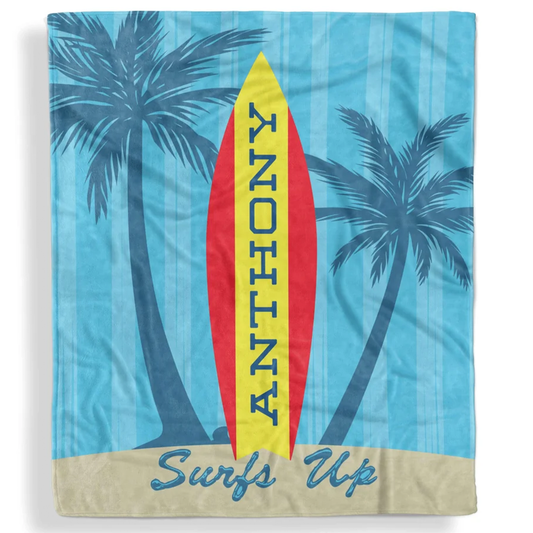 Surfs up kids throw blanket personalized with custom name in fun surf fleece design
