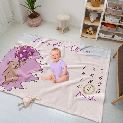 Pink bear balloons baby blanket personalized with custom name in sweet fleece for girls

