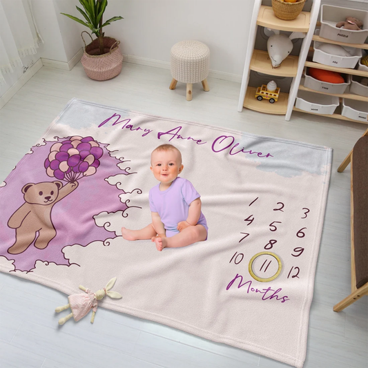 Pink bear balloons baby blanket personalized with custom name in sweet fleece for girls
