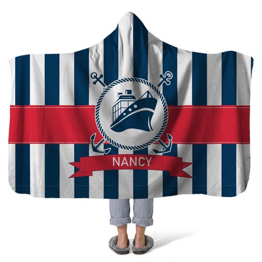 anchoring ship personalized hooded fleece blanket with custom name in bold nautical sailing design
