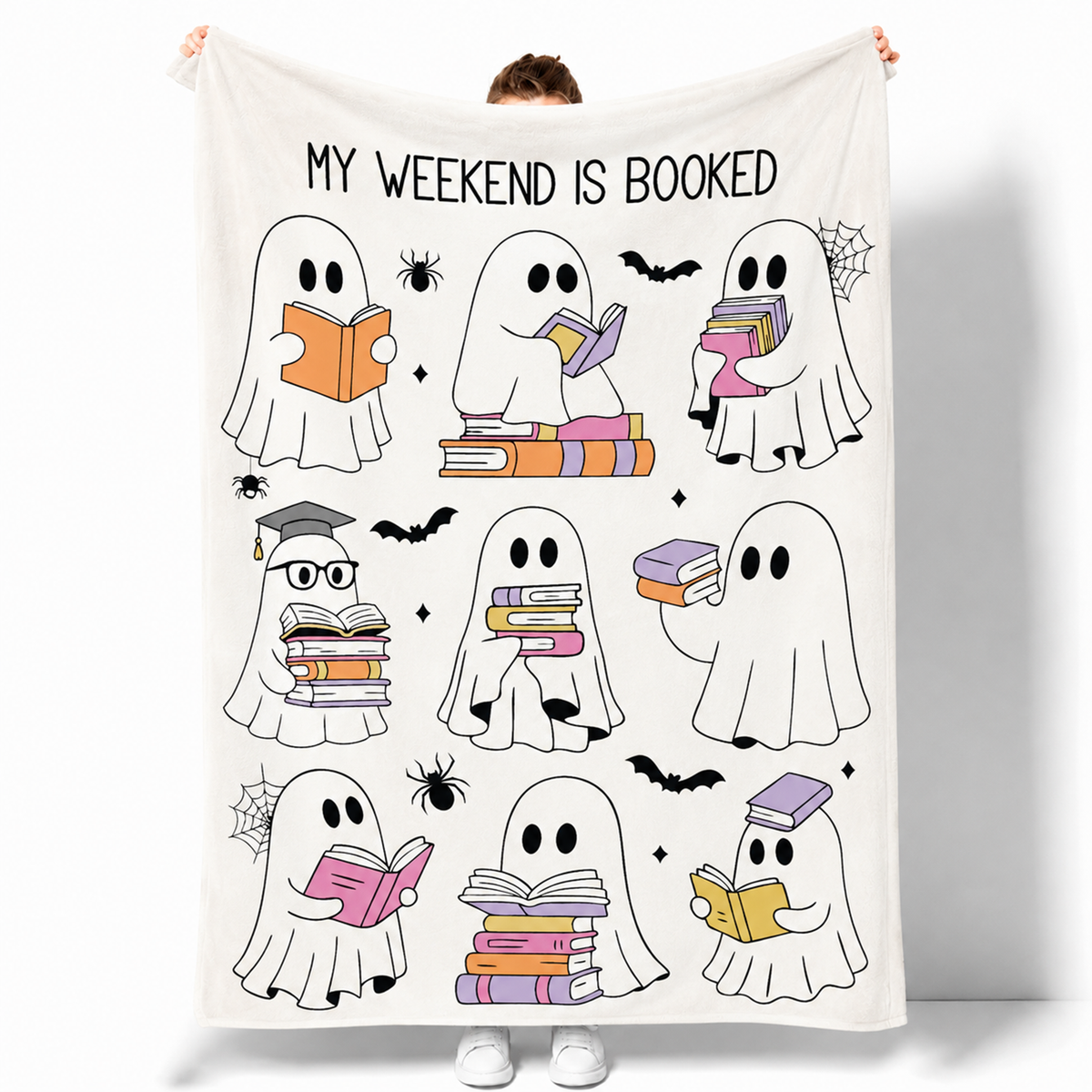 Cute Ghost Reading Halloween Throw Blanket for Book Lovers and Fall Decor