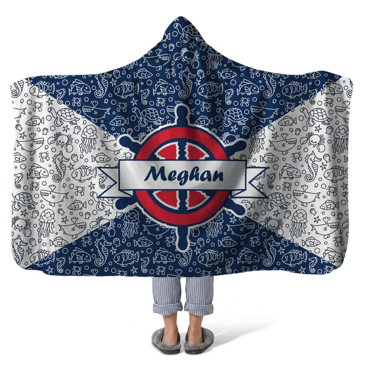 backstay personalized hooded fleece blanket with custom name in classic sailing nautical design
