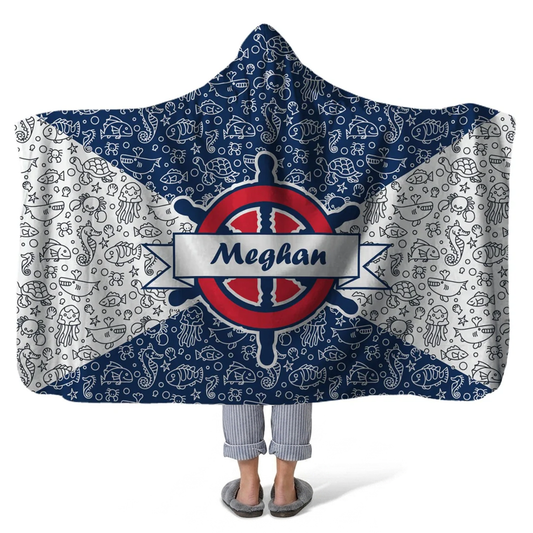 backstay personalized hooded fleece blanket with custom name in classic sailing nautical design
