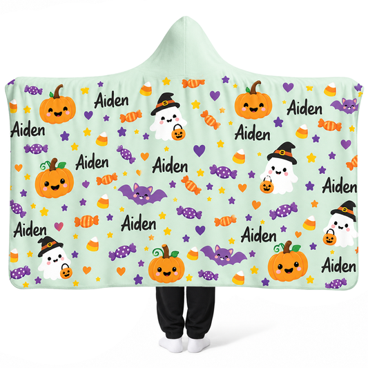 Personalized Halloween Hooded Blanket | Custom Name Pumpkin Ghost Bat Blanket