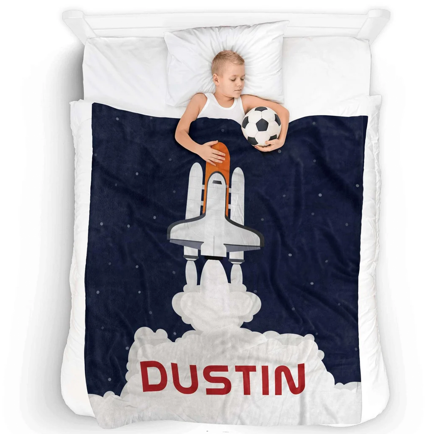 Child wrapped in personalized rocket launch throw blanket as birthday space themed gift


