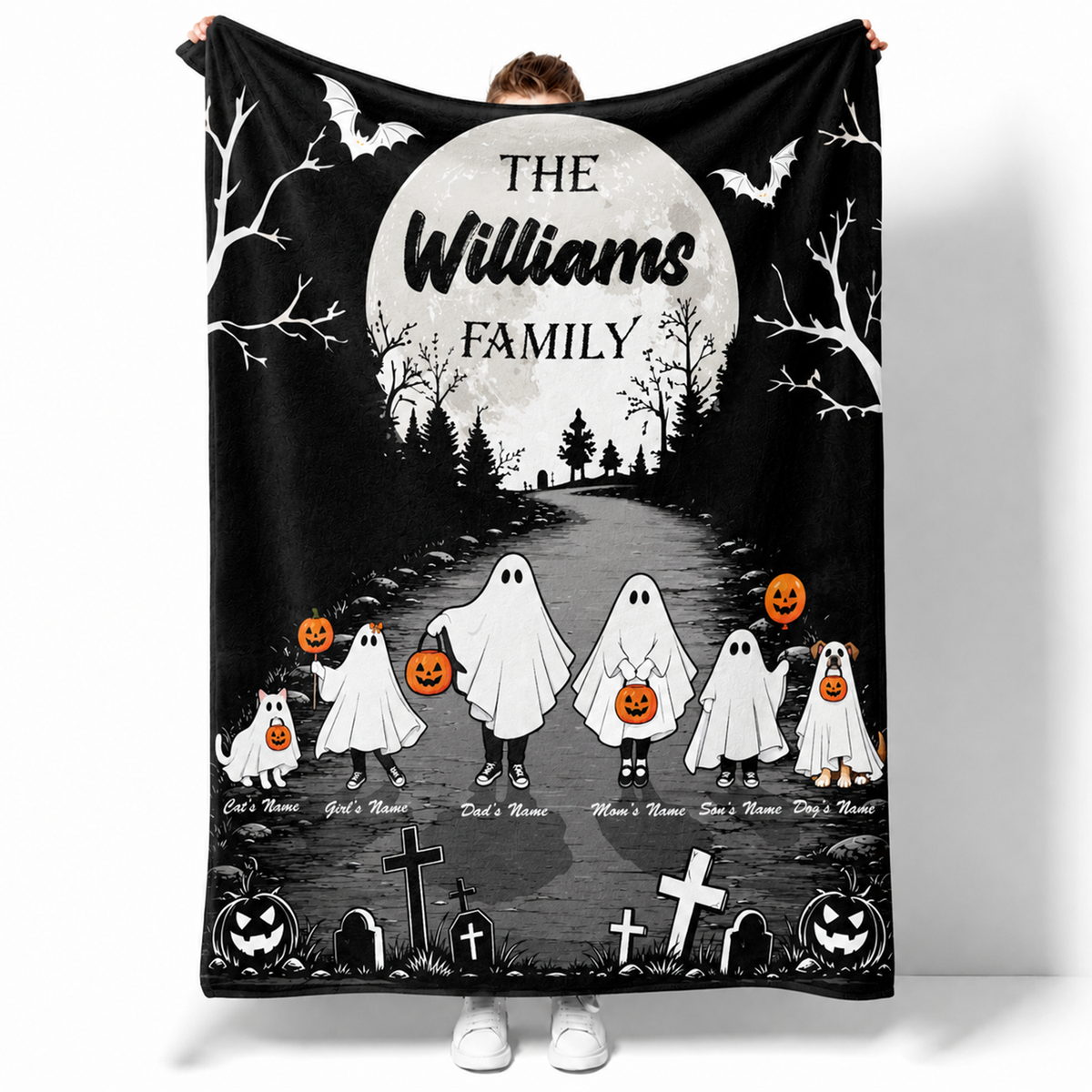 Personalized Halloween Ghost Family Fleece Blanket with Custom Names