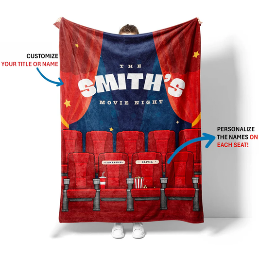Movie night personalized throw blanket with custom names in cinema themed fleece
