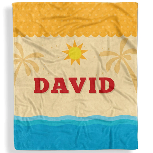 Fun in the sun kids throw blanket personalized with custom name in bright summer fleece

