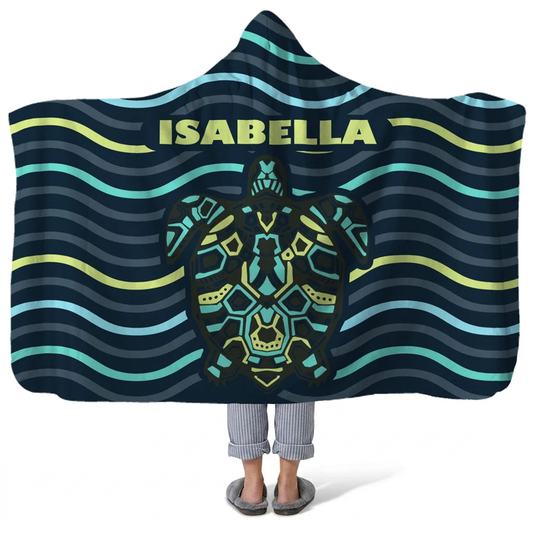lingering turtle personalized hooded fleece blanket with custom name in serene ocean design
