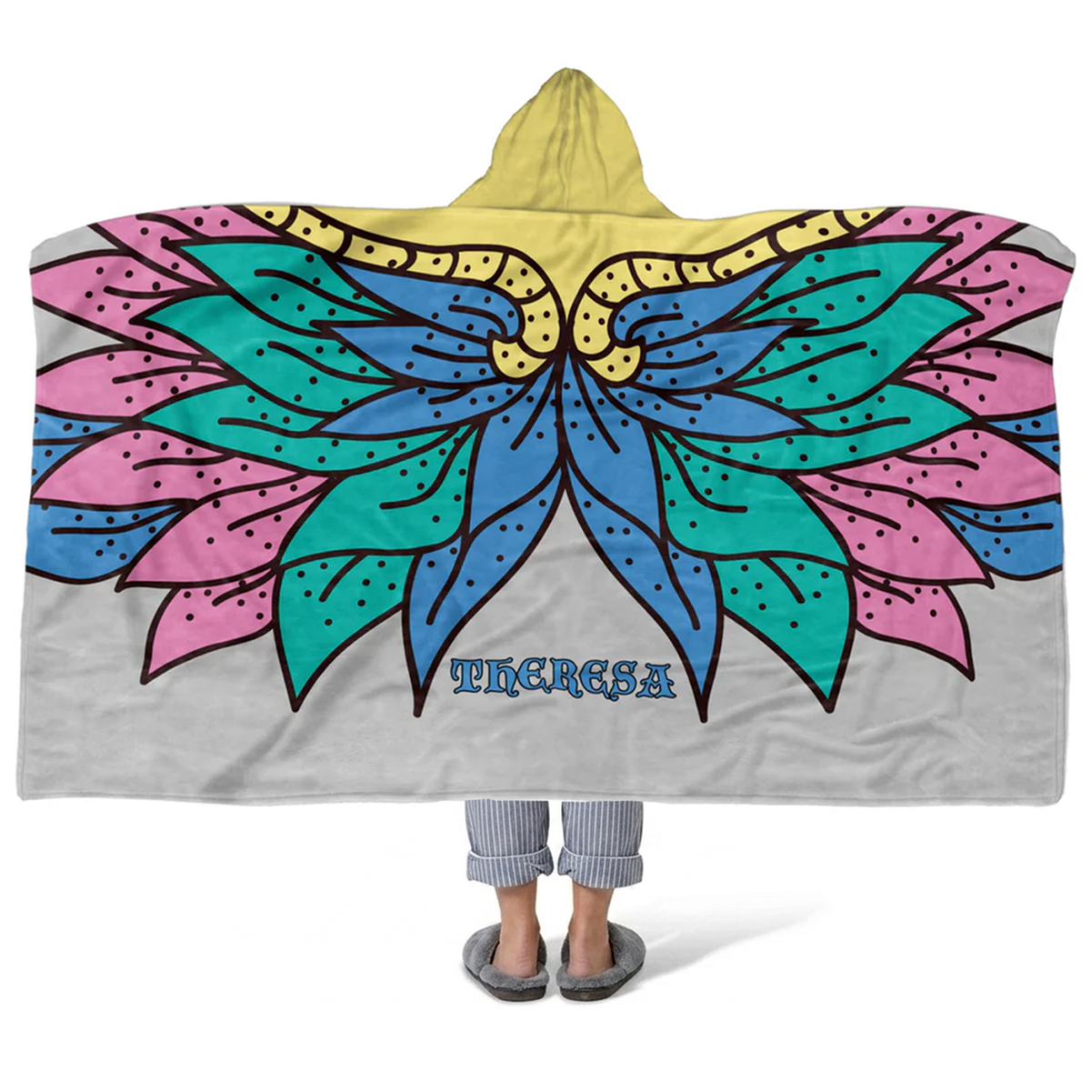 Floral wings personalized hooded fleece blanket with custom name in nature design
