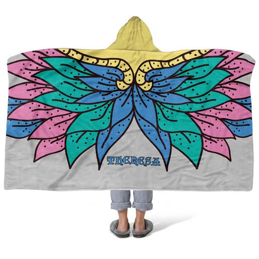 Floral wings personalized hooded fleece blanket with custom name in nature design
