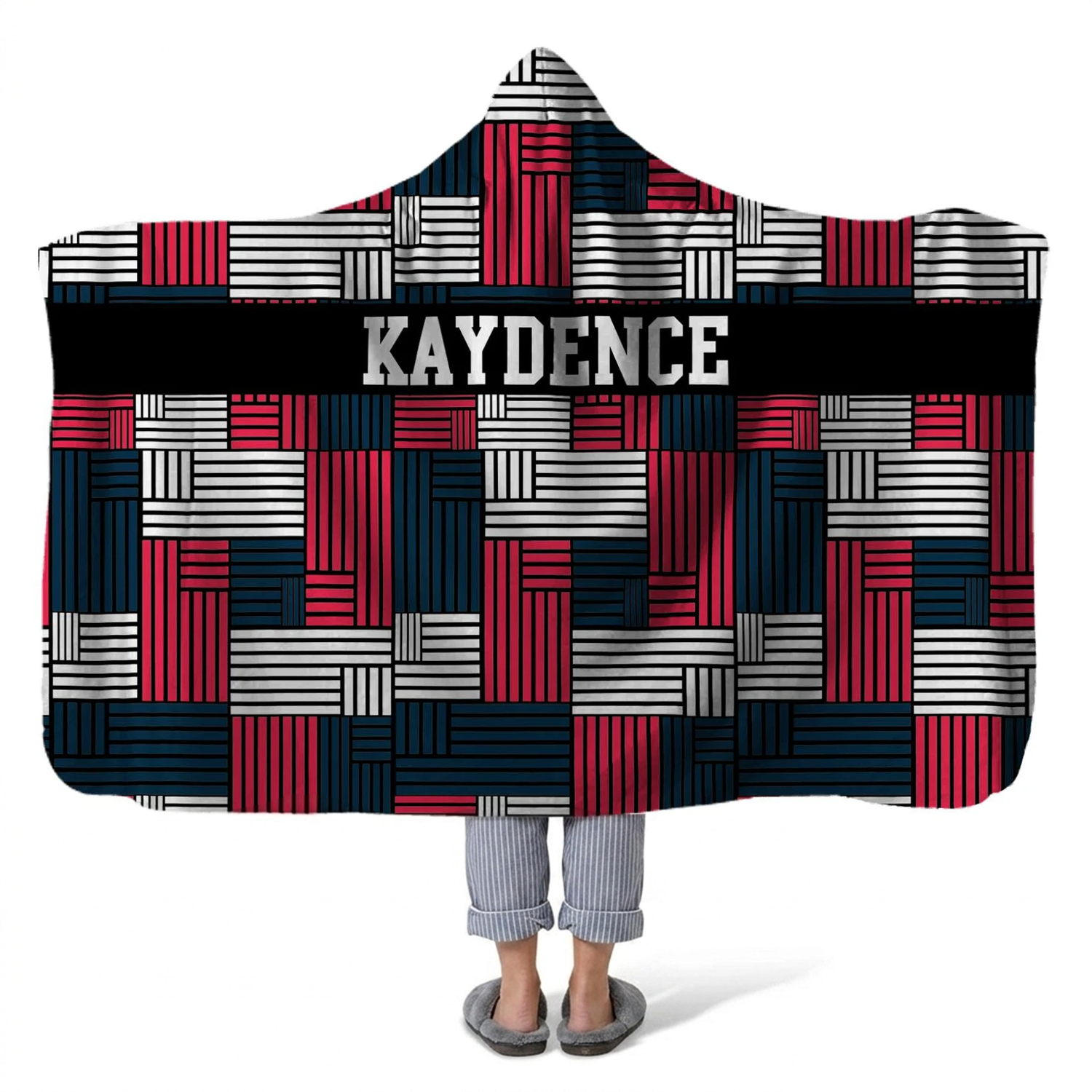 American geo personalized hooded fleece blanket with custom name in patriotic design
