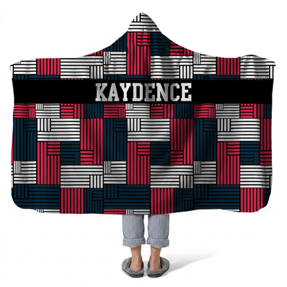 American geo personalized hooded fleece blanket with custom name in patriotic design
