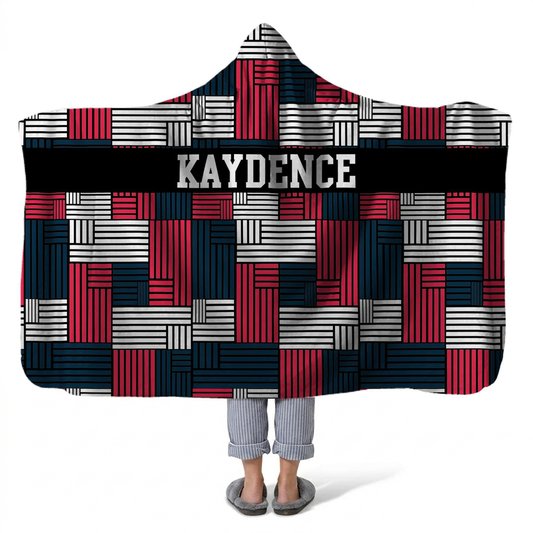American geo personalized hooded fleece blanket with custom name in patriotic design
